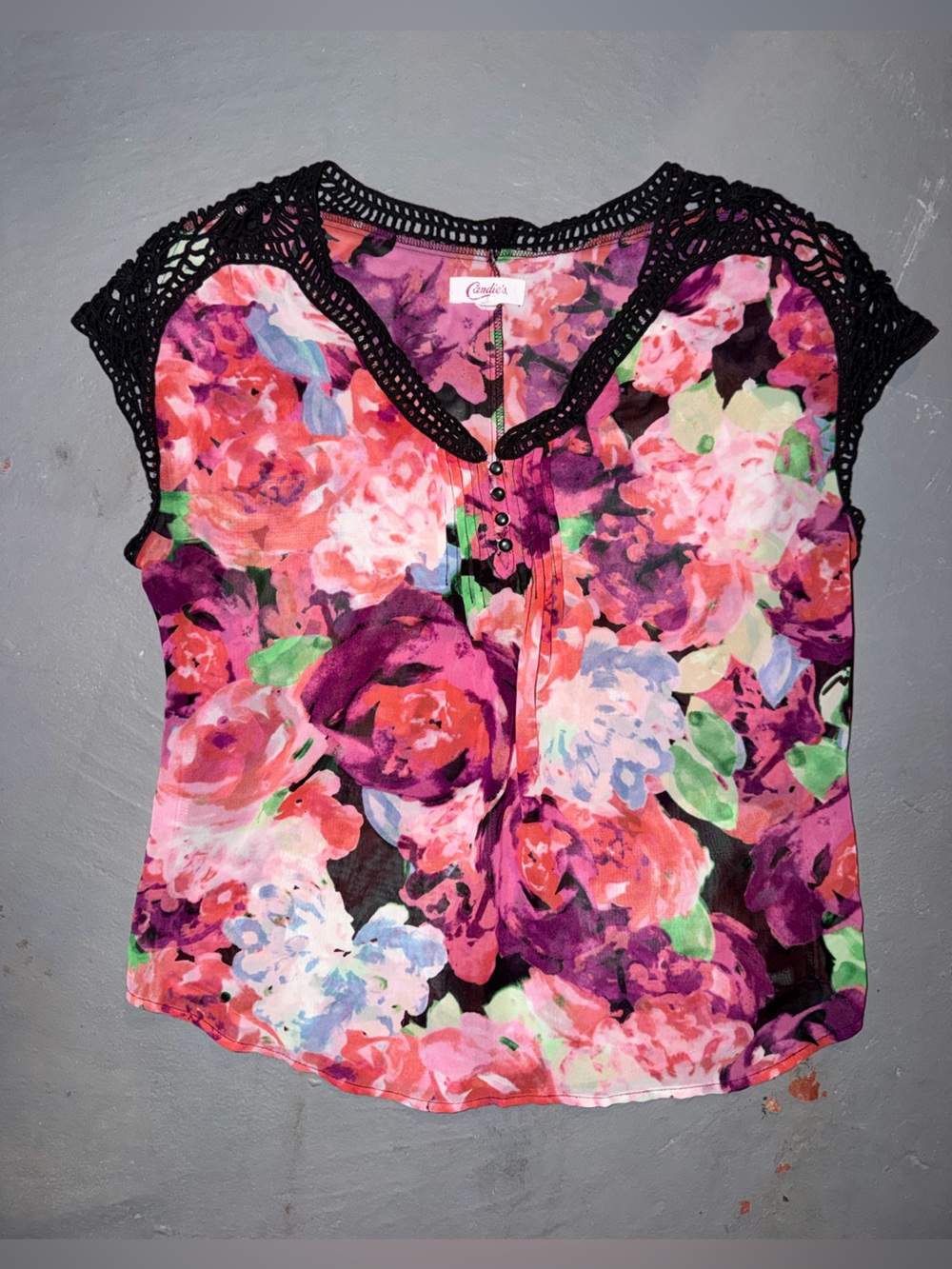 Candie's Pink Multi Floral Crochet-Trim Camisole